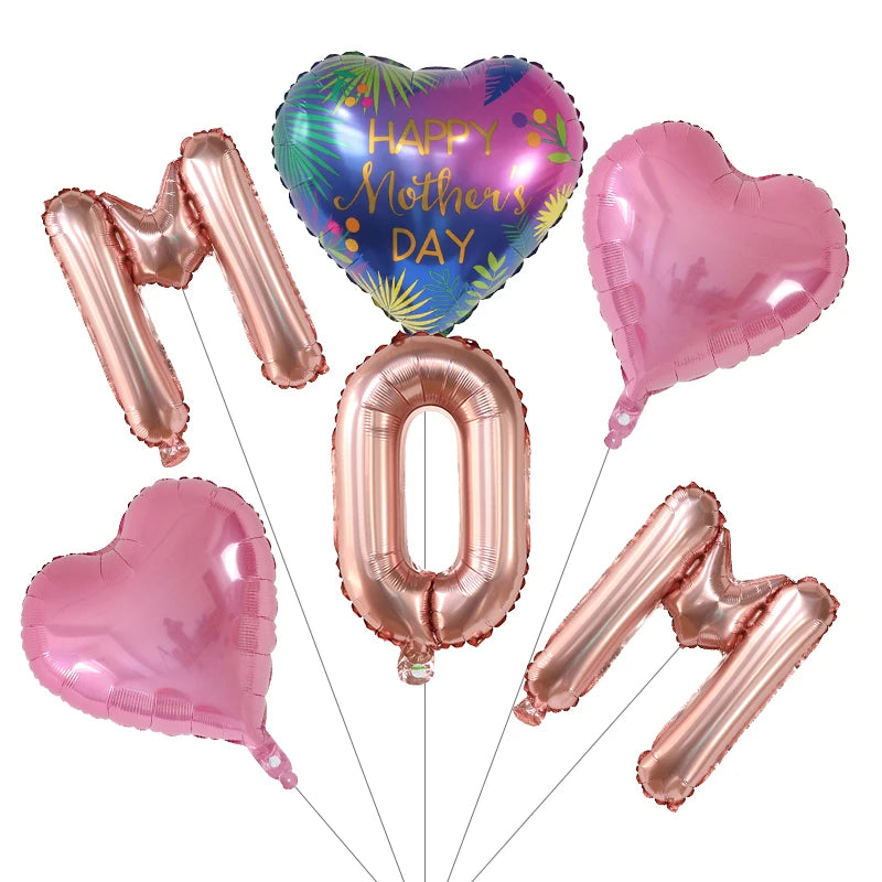 A set of six pink and gold foil balloons shaped like a heart and the number zero for Mother's Day decoration