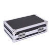 A silver aluminum storage box for a portable tattoo machine with reinforced corners.