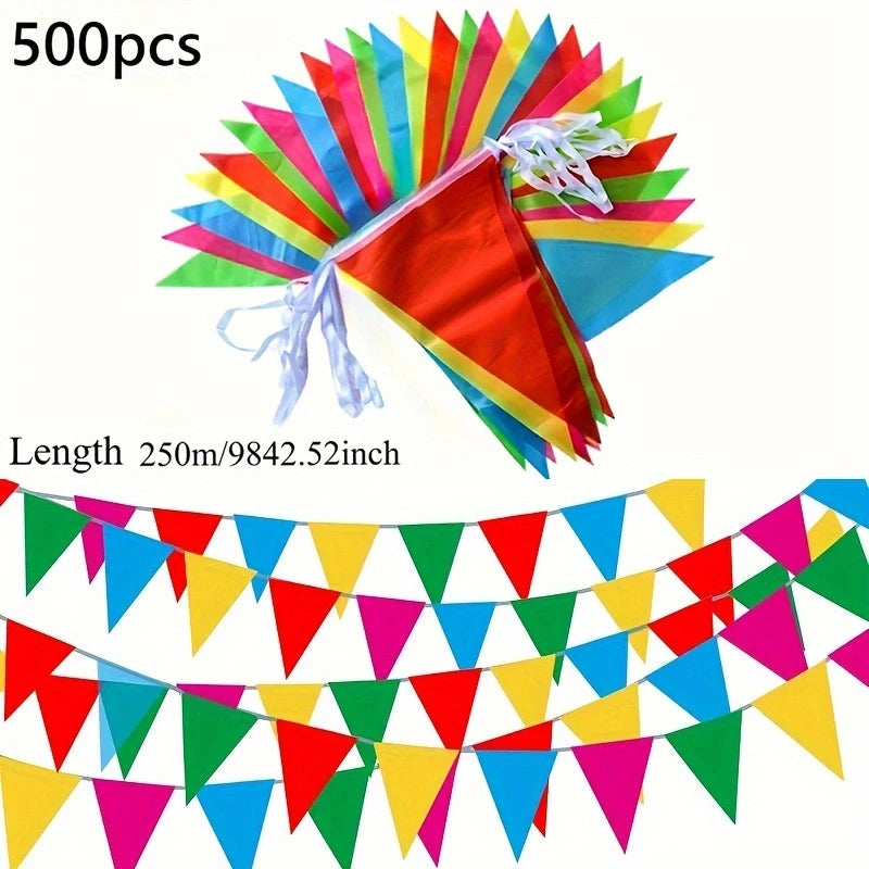 A colorful pennant banner flag is shown with a red and green design, used for parties and celebrations.
