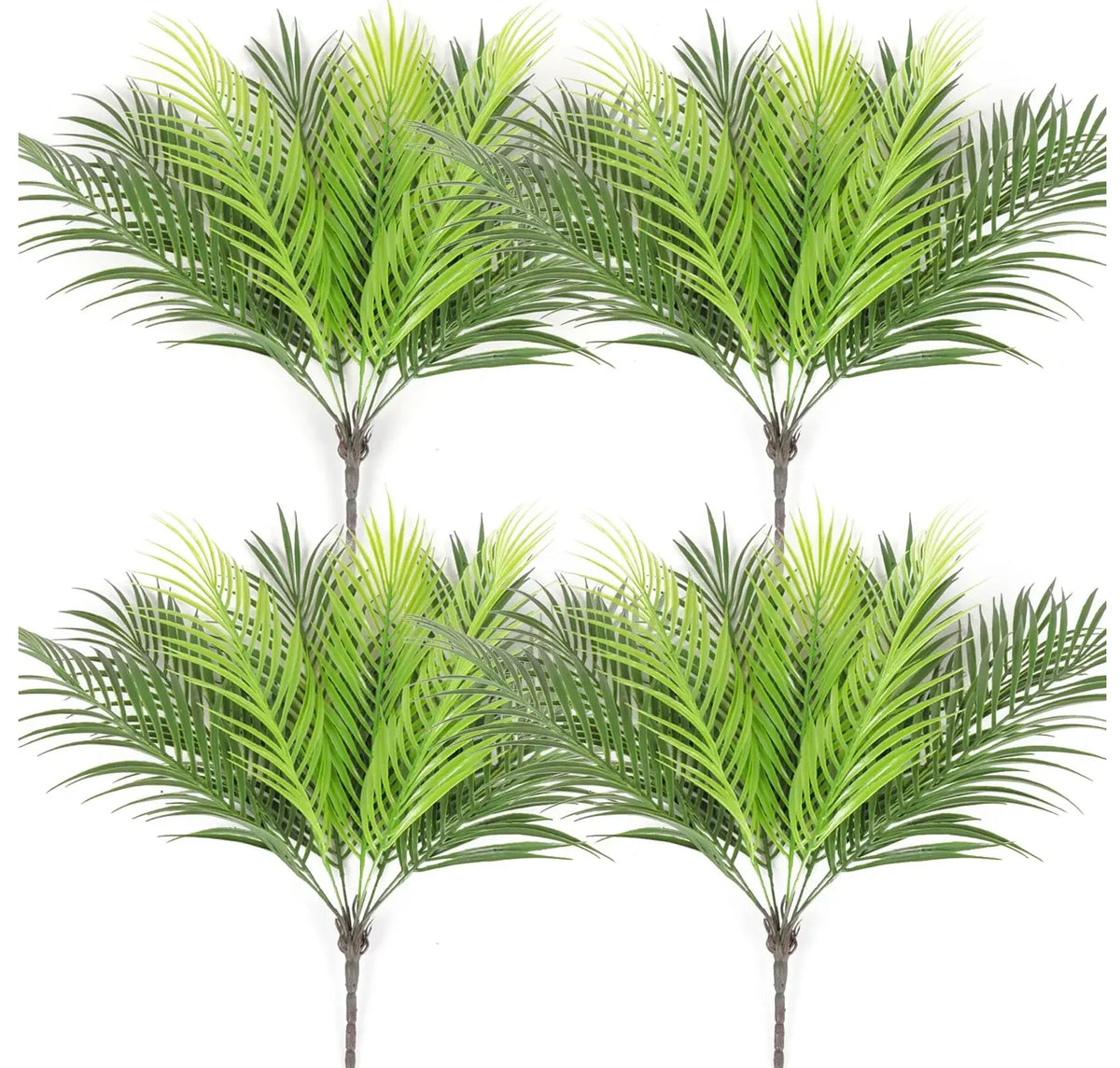A pair of realistic artificial palm trees with vibrant green silk leaves.