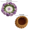 Hand-crocheted purple and white rose flower coasters with a brown textured base.