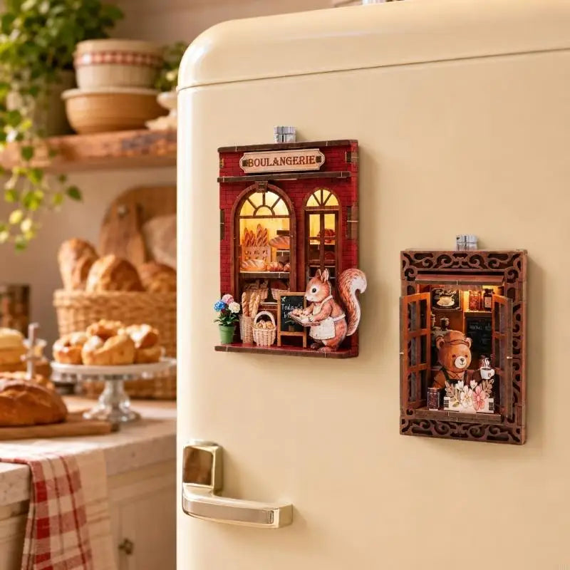 A wooden layered puzzle magnet decor featuring a small bakery scene with a squirrel and bread.