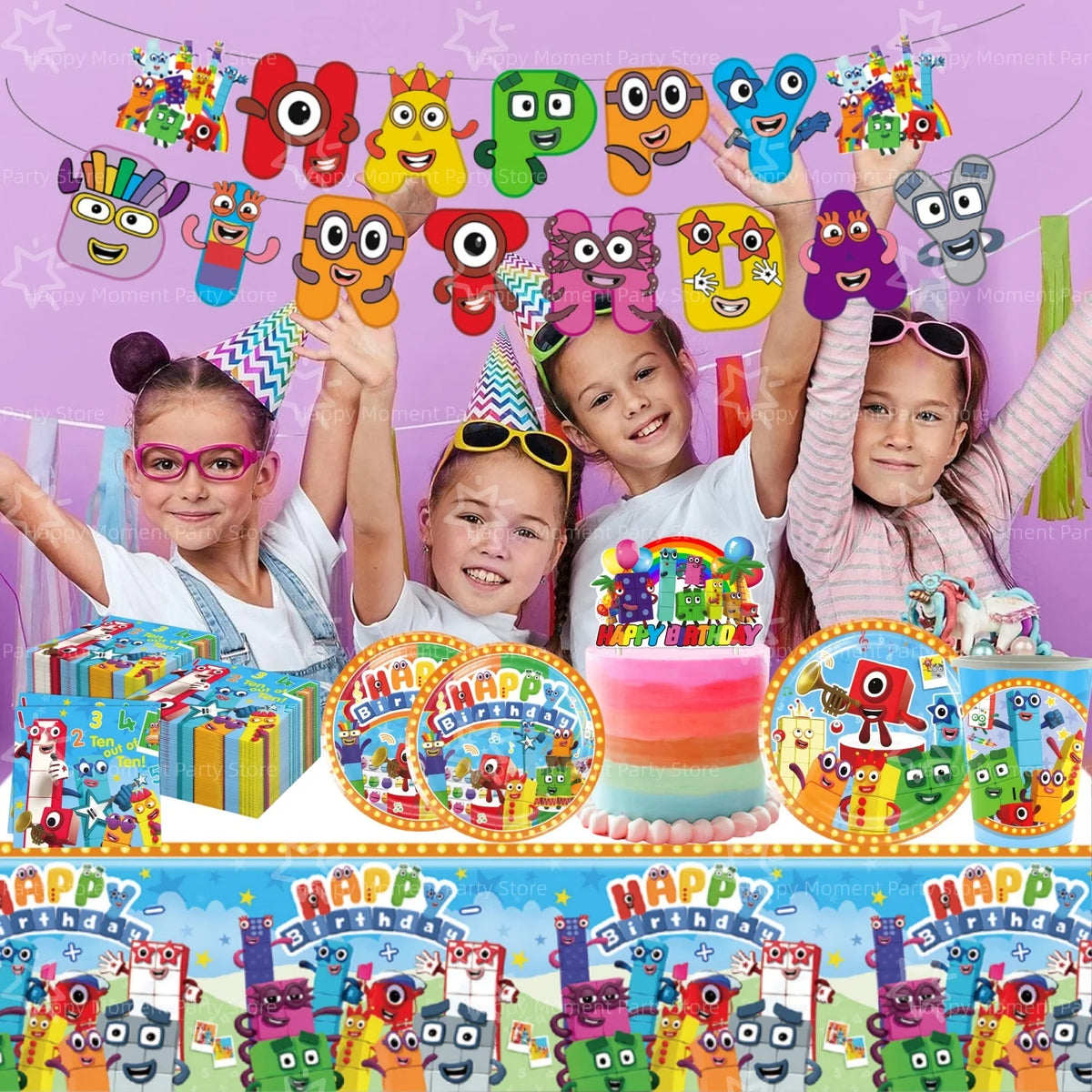 A colorful set of building block birthday party decorations featuring smiling characters and bright colors.
