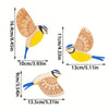 Set of three vintage wooden bird wall decorations in natural wood tones and yellow accents.