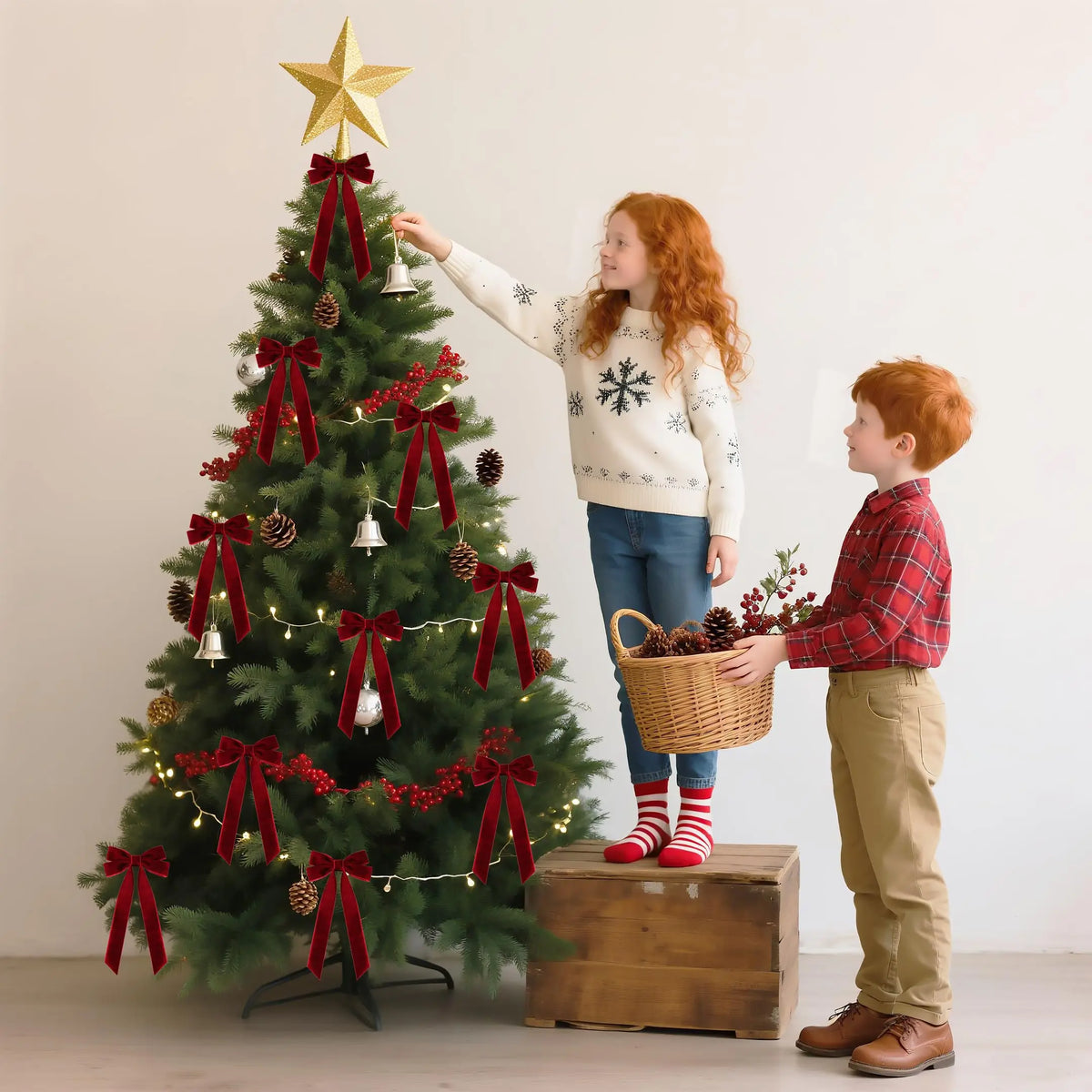 A young girl in a white sweater is decorating a Christmas tree with red velvet bows and ornaments.