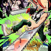 Anime poster featuring Chainsaw Man characters in dynamic action poses against a vibrant green background.