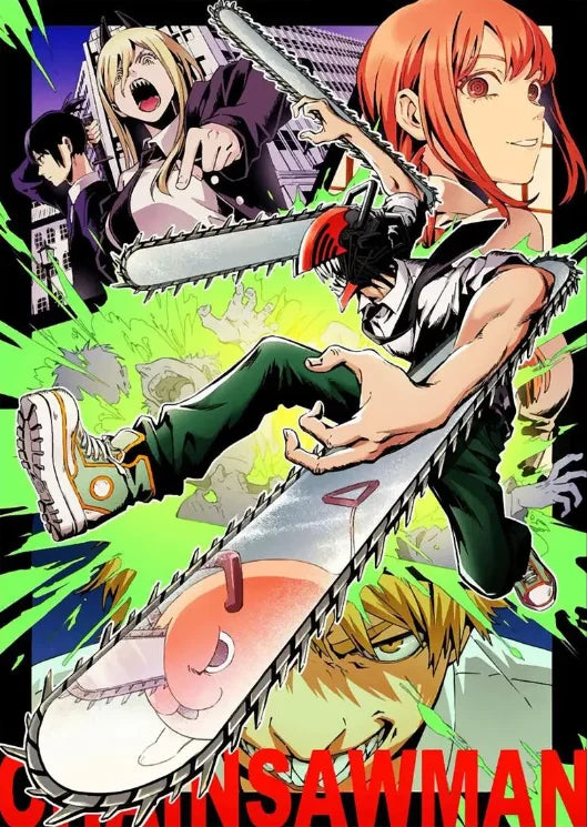 Anime poster featuring Chainsaw Man characters in dynamic action poses against a vibrant green background.
