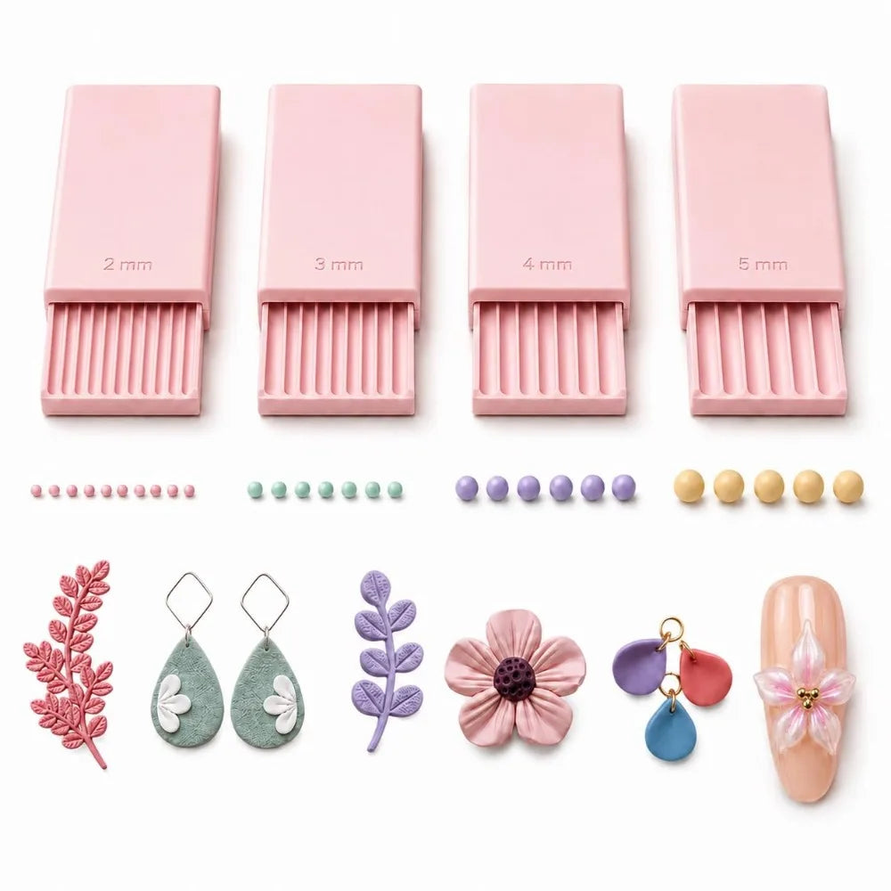 A set of pink precision clay bead rollers with varying diameters and decorative beads.