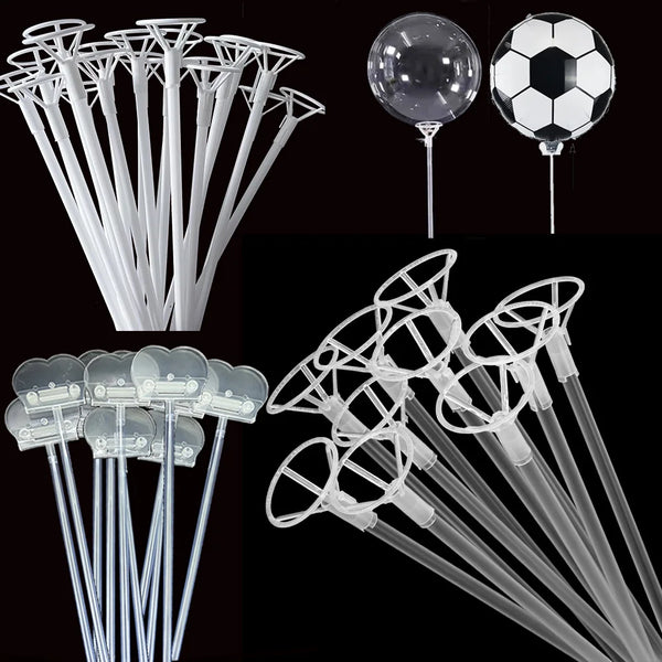 A collection of clear plastic balloon holder sticks and inflatable soccer balls for parties and events.