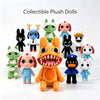A collection of collectible plush dolls featuring various animal characters like a dog, deer, and other creatures.