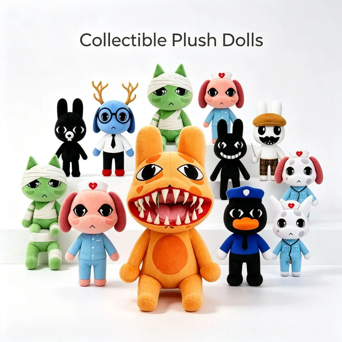 A collection of collectible plush dolls featuring various animal characters like a dog, deer, and other creatures.