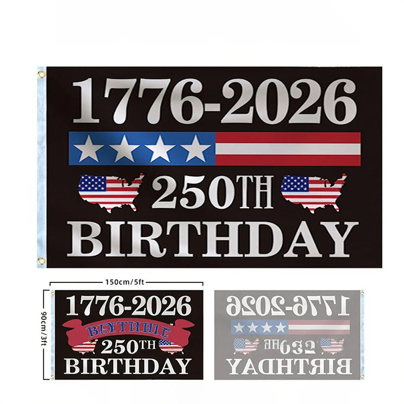 لافتة سوداء تحمل نص 1776-2026 و 250th BIRTHDAY بتصميم علم أمريكي.