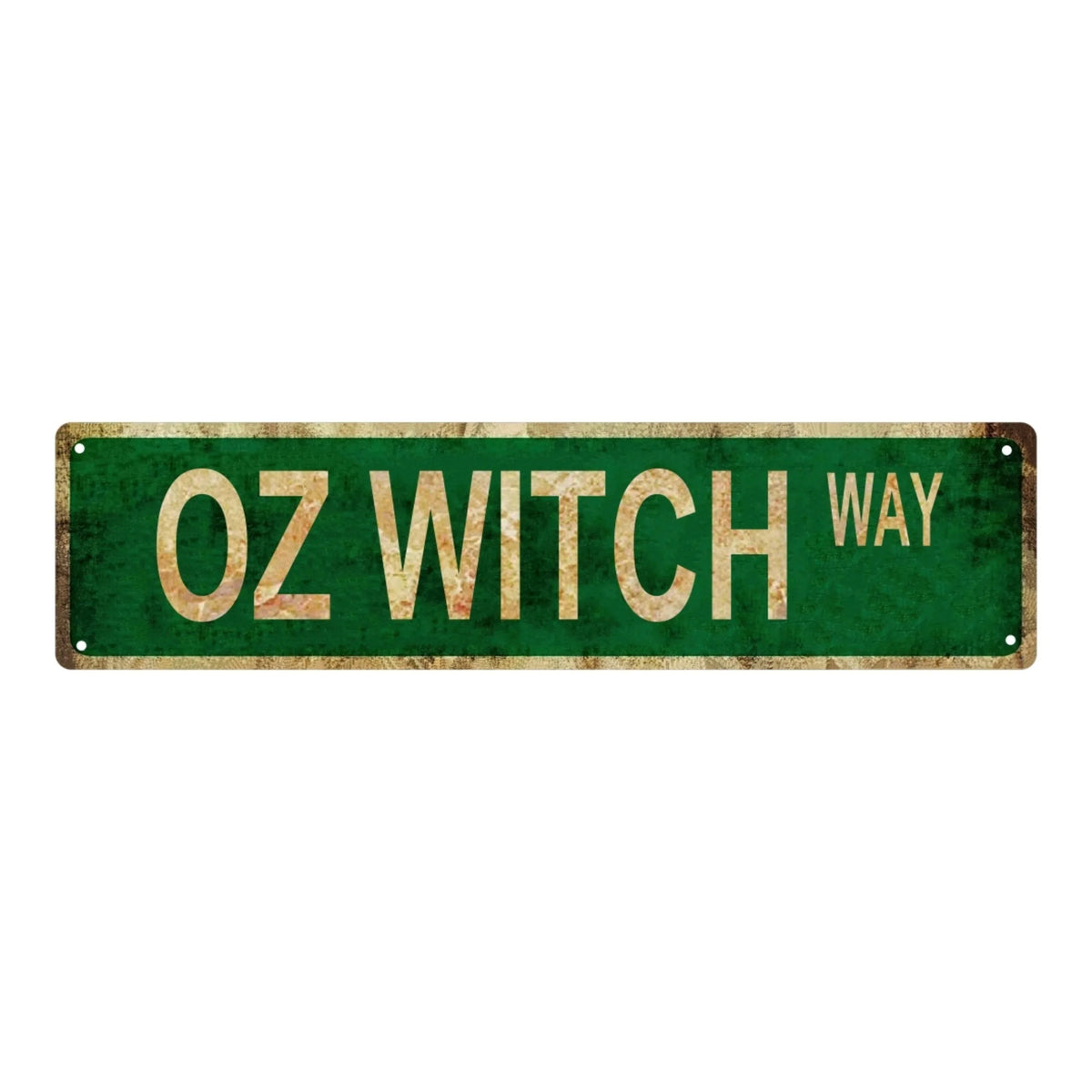 Vintage green metal sign with distressed lettering that reads OZ WITCH WAY