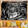 Black and white manga art tapestry featuring a fierce character for bedroom decor