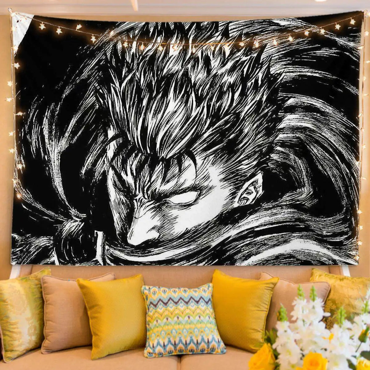 Black and white manga art tapestry featuring a fierce character for bedroom decor