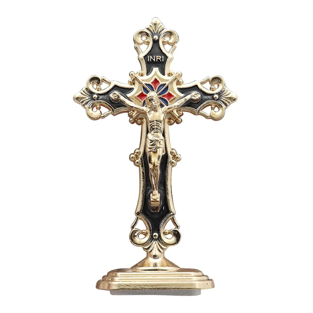 Golden Crucifix Figurine with Enamel Accents