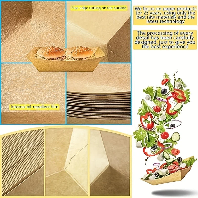 Kraft paper food trays and disposable serving boats shown in various forms and packaging.