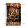 Vintage metal sign featuring a dark, dramatic illustration of firefighters facing demons with text urging them to fight toget