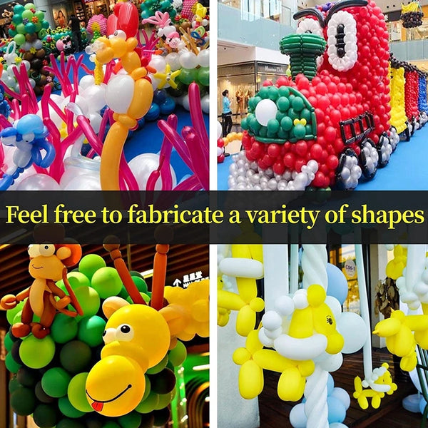 Colorful twisting balloons used for party decor and DIY modeling, showing various shapes and colors.