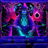 A dark fantasy illustration of a wizard with a beard and hat surrounded by glowing purple and neon light effects.