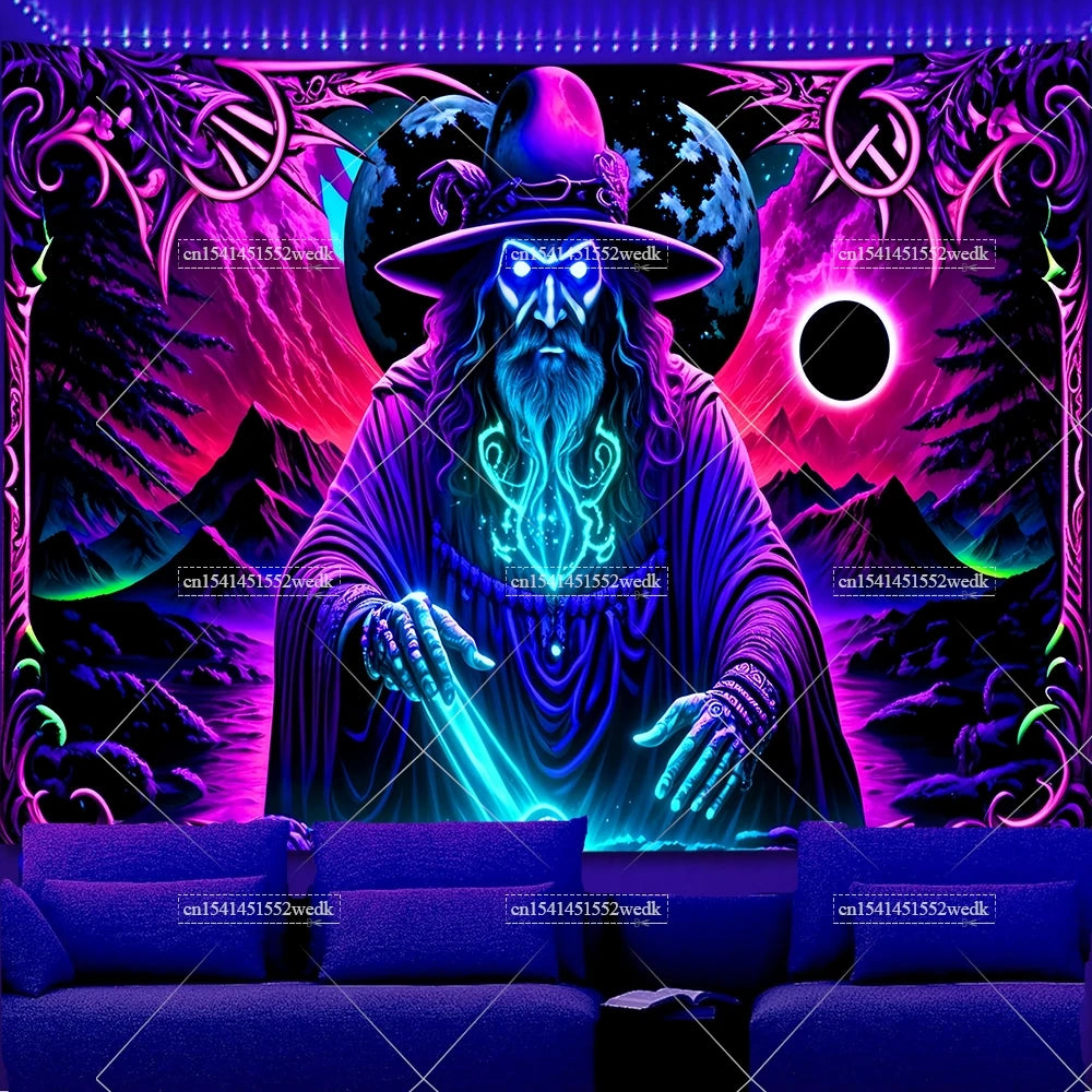 A dark fantasy illustration of a wizard with a beard and hat surrounded by glowing purple and neon light effects.