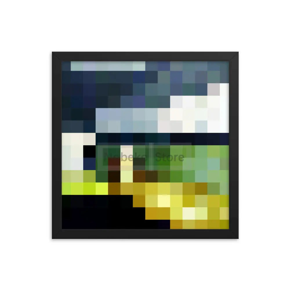 Abstract pixel art canvas wall art featuring a mosaic of blue, white, and yellow tones.