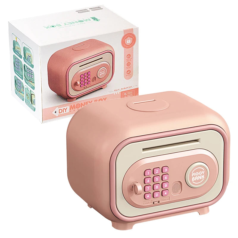 A pink fingerprint password piggy bank for kids is shown in its box and standalone form.