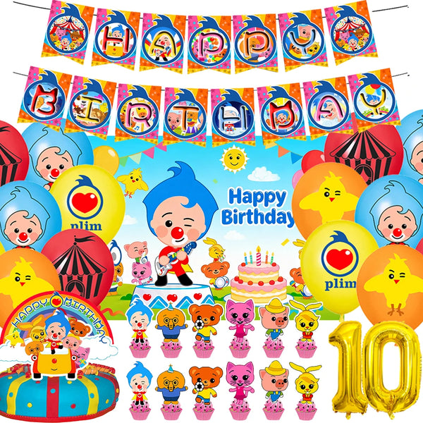 A colorful party decoration set featuring cartoon animals, including balloons, banners, and cake toppers for a birthday celeb