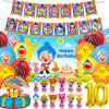 A colorful party decoration set featuring cartoon animals, including balloons and cake toppers.