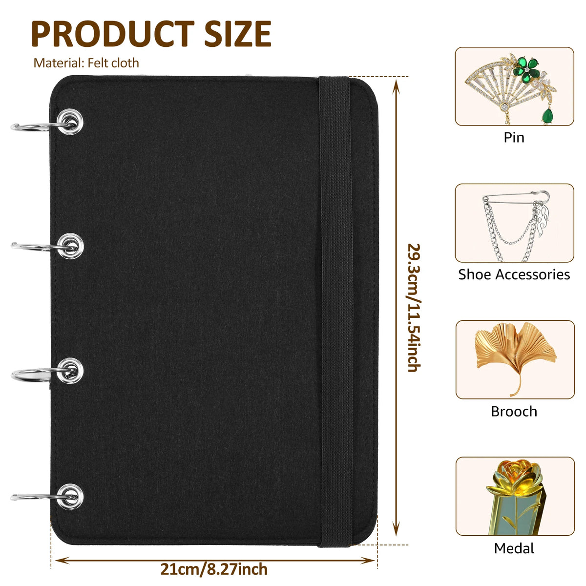 Black felt cloth display panel with various accessories including a pin, shoe accessories, brooch, and medal.