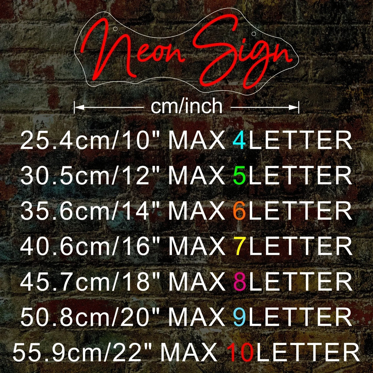 A list showing various sizes of neon signs with corresponding maximum letter counts and dimensions.
