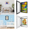 A set of wooden picture frames displaying colorful children's artwork and photos.