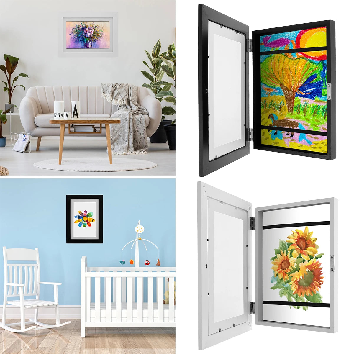 A set of wooden picture frames displaying colorful children's artwork and photos.