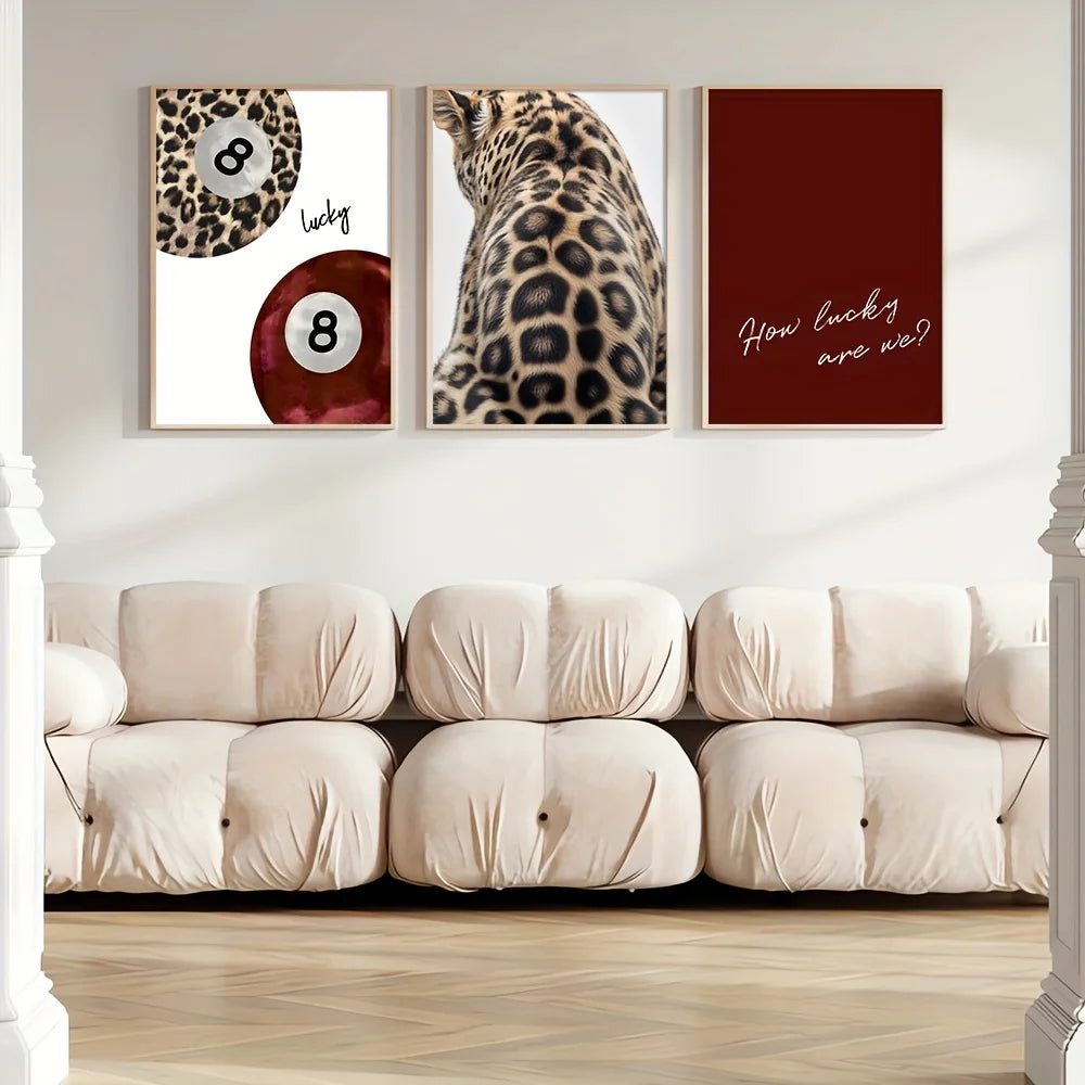 Set of 3 Leopard Print Lucky Quote Canvas Wall Art