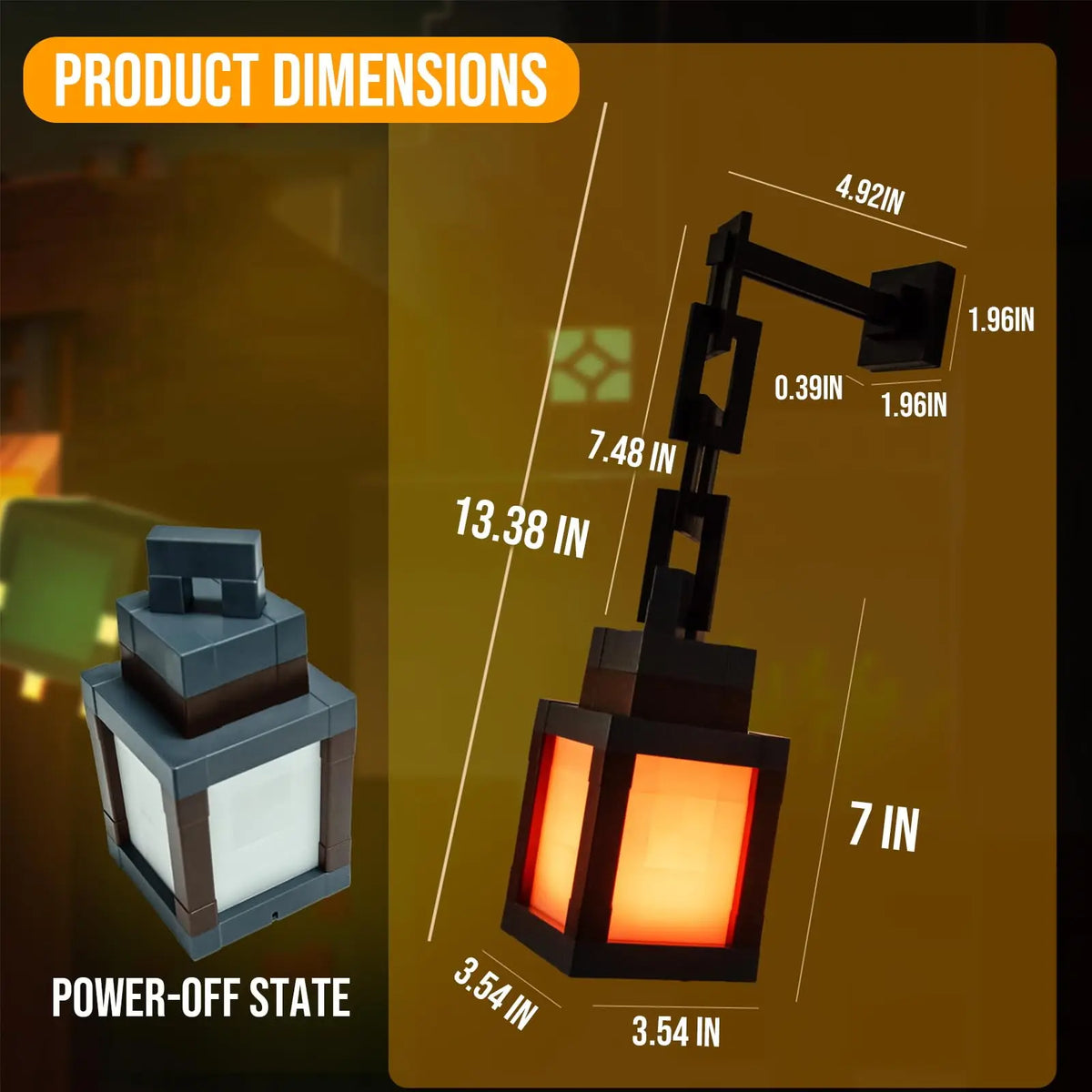 Diagram showing the dimensions of a black pixel lantern night light, including its power-off state and various measurements.