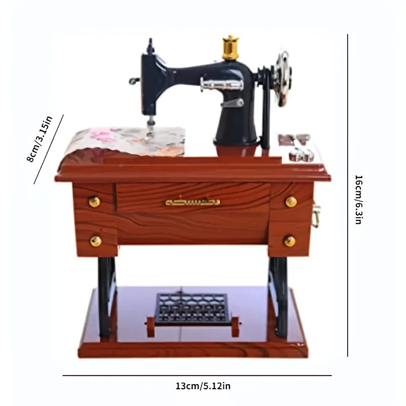 A vintage clockwork music box featuring a black and silver mechanism displayed on a wooden stand.