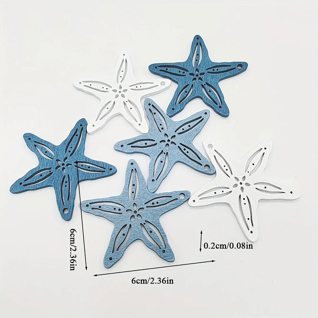A set of twelve wooden ocean ornaments featuring starfish, shell, and scallop shapes in blue and white.