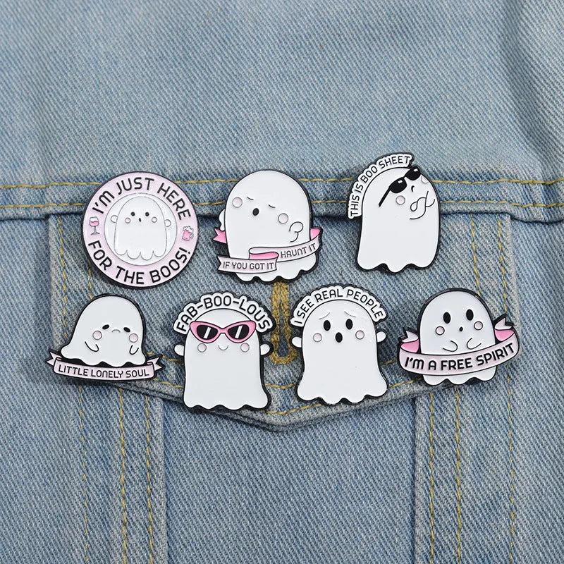 Halloween Enamel Pins Set - Cute Ghost, Black Cat, and Pumpkin Brooches for Kids