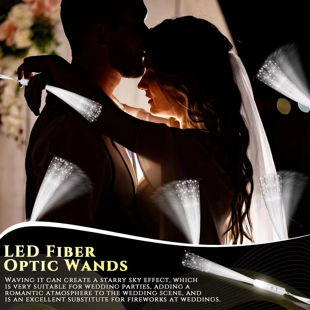 A bride and groom embracing, illuminated by a fiber optic LED glow wand creating a starry sky effect.