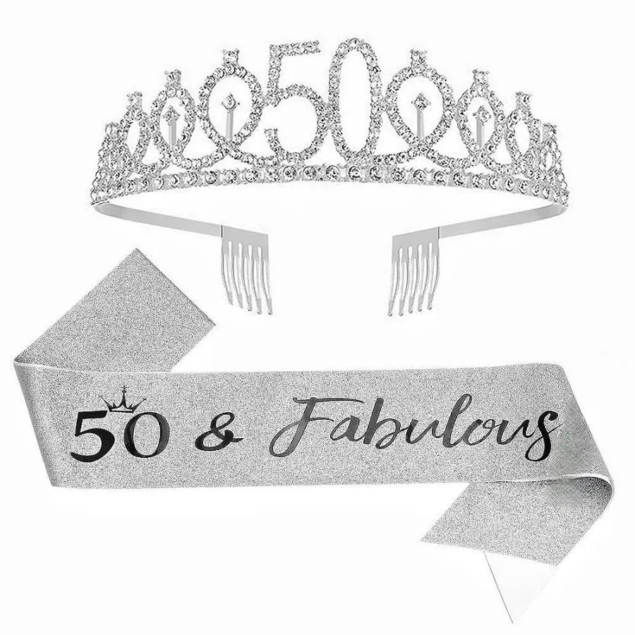 Silver rhinestone birthday crown and glitter sash set with a 50th celebration theme