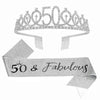 Silver rhinestone birthday crown and glitter sash set with a 50th celebration theme