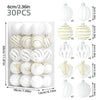A set of 30 white velvet Christmas baubles in various sizes and gold accents for holiday decoration.