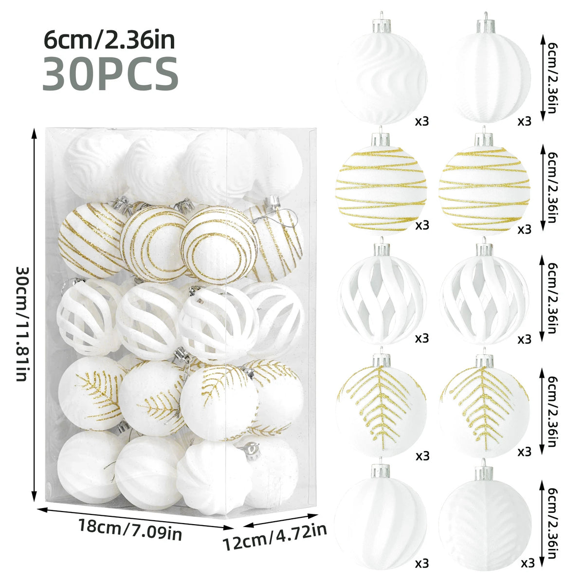 A set of 30 white velvet Christmas baubles in various sizes and gold accents for holiday decoration.
