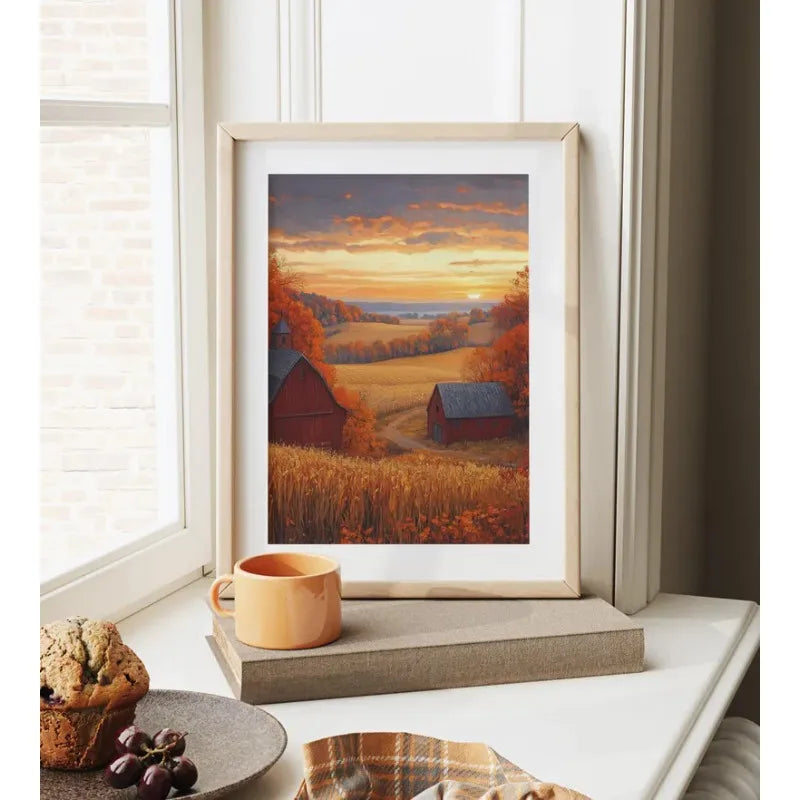 Canvas wall art depicting an autumn field landscape with golden light and distant hills.