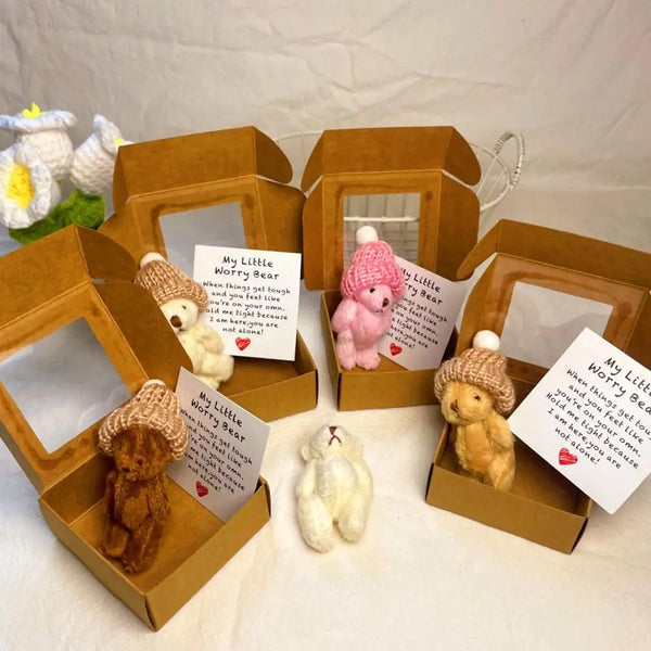 A set of mini plush bears in various colors housed in wooden gift boxes with inspirational cards.