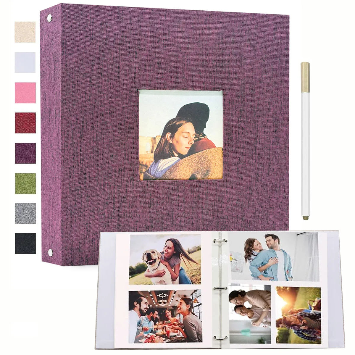 A purple linen scrapbook album with a cover featuring a photo of a woman and various photo pages.