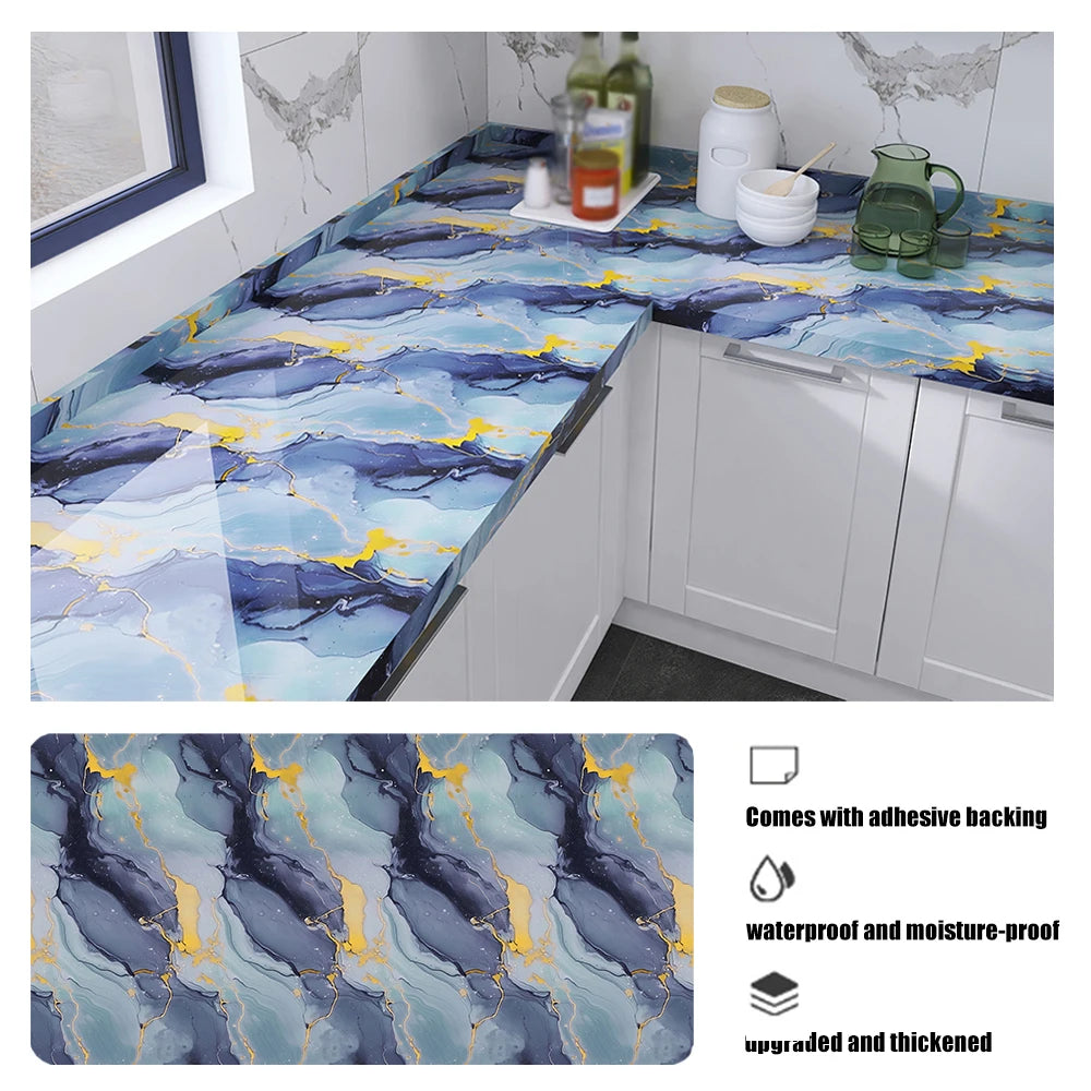 Marble pattern self-adhesive backsplash panel featuring blue and gray marble with gold accents