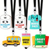 Set of six lanyards featuring various pass designs including restroom, nurse, hall, office, and library passes