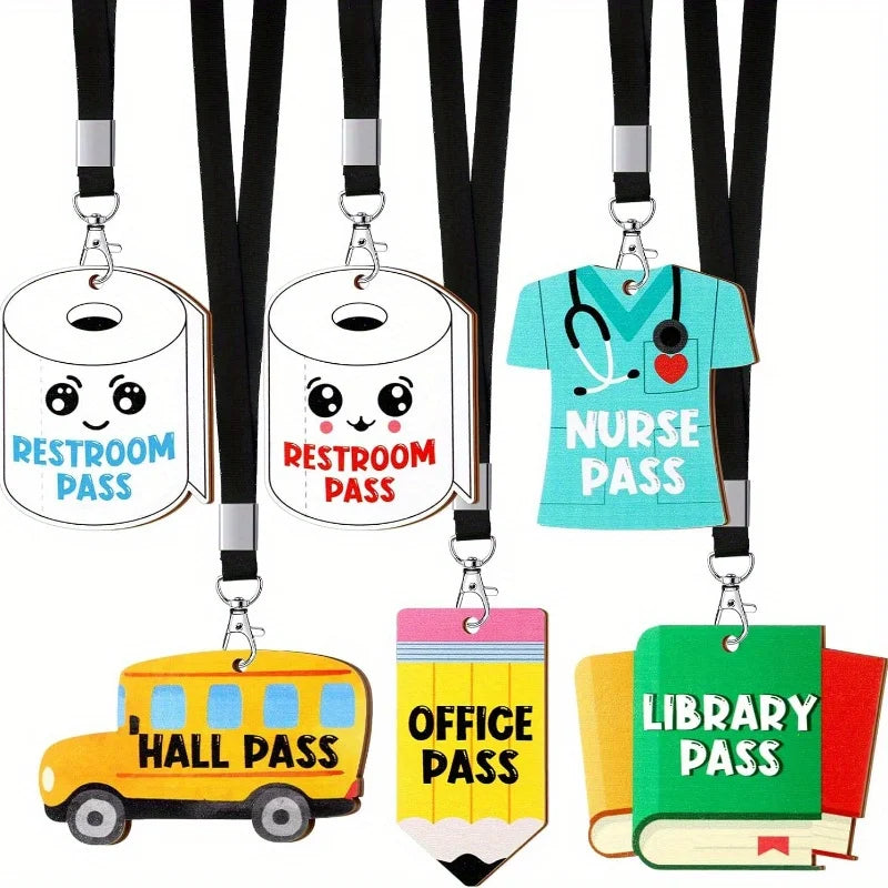 Set of six lanyards featuring various pass designs including restroom, nurse, hall, office, and library passes