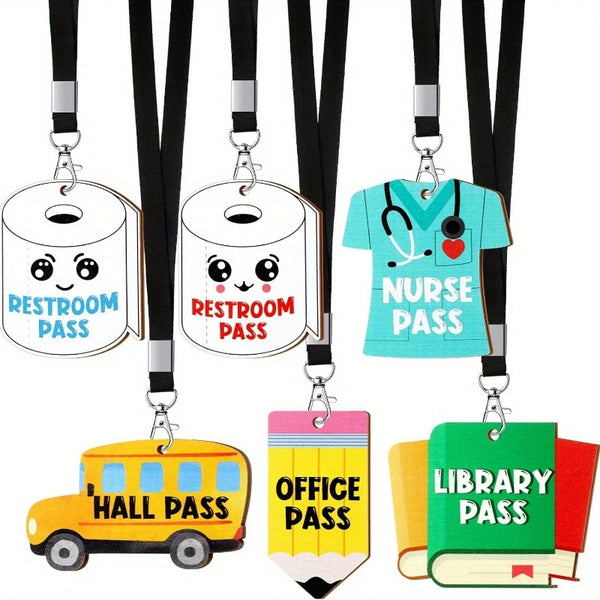 Lot de six lanyards avec divers designs de badges : toilettes, infirmière, salle, bureau et bibliothèque
